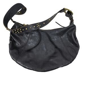 Lucky Brand Black Genuine Leather Retro Y2K Brass Studded Hobo Shoulder Bag